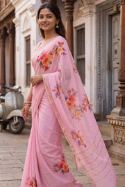 Rose Petal Pink Mysore Crepe Silk Saree With Acrylic Printed Floral Motifs 10076259