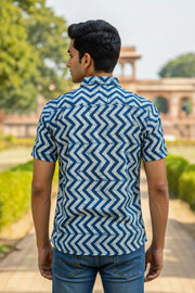 Indigo Handblock Print Pre-Washed Pure Cotton Shirt 10076222