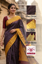 Brown Ettukol Kanjivaram Silk Saree with Temple Border 10077912