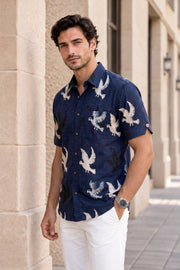 Blue Half Sleeve Ajrakh Printed Cotton Mens Shirt 10076823