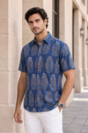 Blue Half Sleeve Ajrakh Printed Cotton Mens Shirt 10071096