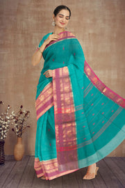 Blue Handloom Chettinad Cotton Saree With Peacock Border 10075912