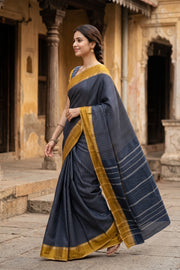 Navy Blue Vegan Silk Kanjivaram Saree With Checks Design 10077939