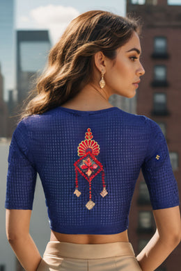 Navy Blue Slub Cotton Hand Embroidered Blouse 10070765