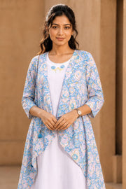 White Embroidered Midi Coat Cotton Dress With Printed Jacket 10077648