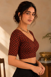 Maroon Indigo Hand Block Printed Cotton Blouse 10078154