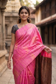 Neon Pink Jute Weave Kanjivaram Vegan Silk Saree 10074638