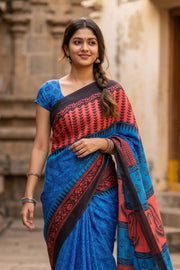 Blue Printed Semi Tussar Silk Saree 10074898