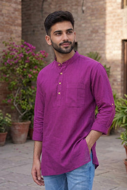 Purple Full Sleeve Slub Cotton Solid Style Men's Kurta 10074256