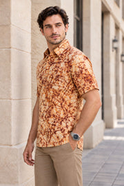 Yellow Half Sleeve Batik Printed Cotton Mens Shirt 10076354