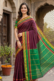 Kanjivaram Vegan Silk Saree Berry Chocolate Color and Traditional Design 10075540