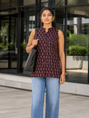 Black Jahota Hand block Printed Women Sleevless Shirt 10077194