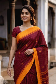Dark Brown Handloom Chettinad Cotton Saree 10077330
