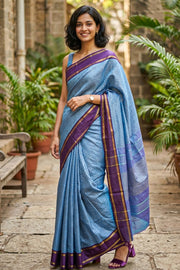 Kanjivaram Blue Vegan Silk Saree With Checks Design 10076325