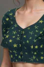 Green Star Motif Indigo Hand Block Print Cotton Blouse 10074587