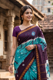 Turquoise Blue and Purple Tie-Dye Sungudi Cotton Saree 10078014