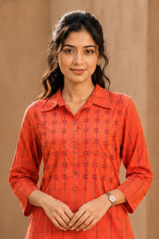 Orange Hand Embroidered Cotton Kurta 10077655