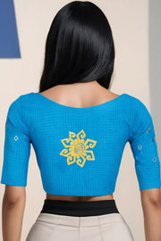 Blue Slub Cotton Embroidered Blouse 10071366