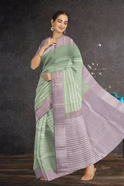 Kanjivaram Pure Zari Silk Saree in Light Sage Green with Zari Stripes and Contrast Mauve Border 10076132