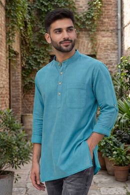 Blue Full Sleeve Slub Cotton Solid Style Men's Kurta 10074258