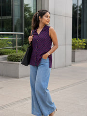 Purple Hand block Printed Women Sleevless Shirt 10077180