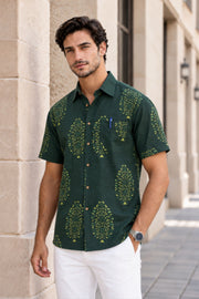 Green Indigo Handblock Print Cotton Mens Half Sleeve Shirt 10076846