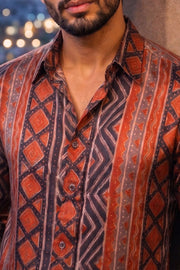 Brown Full Sleeve Jahota Print Modal Silk Mens Shirt 10074380