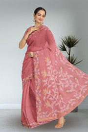 Pink Handloom Jamdani Linen Saree 10074654