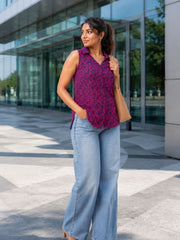Purple Hand block Printed Women Sleevless Shirt 10077197