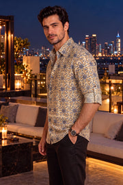 Beige Ajrakh Printed Vegan Modal Silk Mens Shirt 10078096
