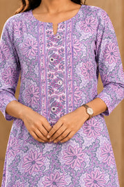 Pastel Purple Hand Block Printed Cotton Kurta 10077683
