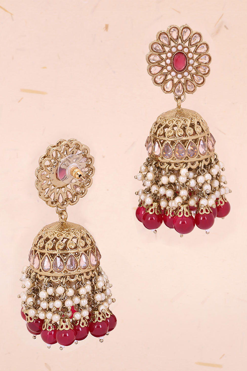 Handcrafted Red Stones Cluster Beads Drop Jhumka Earrings