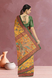 Yellow Kalamkari Printed Malai Cotton Saree 10074679