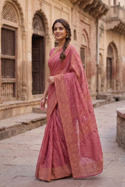 Dusky Rose Chikankari Embroided Organza Saree 10078123
