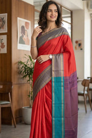 Kanjivaram Red Vegan Silk Saree With Checks Design 10076347