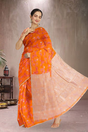 Orange Printed Chanderi Saree 10064680