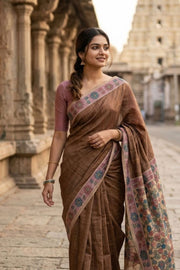Brown Kalamkari Printed Semi Tussar Silk Saree With Floral Motifs And Floral Border 10076273