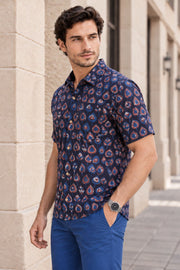 Blue Half Sleeve Jahota Printed Cotton Mens Shirt 10074316