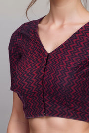 Maroon Zigzag Design Indigo Hand Block Print Cotton Blouse 10074594