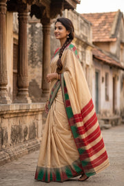 Beige Kanjivaram Vegan Silk Saree with Temple Border 10077949