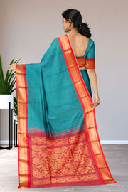 Bluish Green Handloom Gadwal Kuttu Cotton Saree 10061427