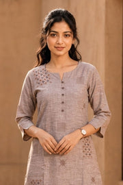 Brown Hand Embroidered Cotton Kurta 10077676