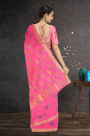 Pink Peacock Motifs Chanderi Printed Silk Cotton Saree 10075933