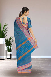 Blue Handloom Chettinad Cotton Saree Without Blouse 10075147