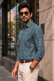 Blue Full Sleeve Ajrakh Printed Cotton Mens Shirt 10071168