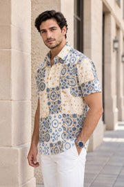 Beige Half Sleeve Ajrakh Printed Cotton Mens Shirt 10072915