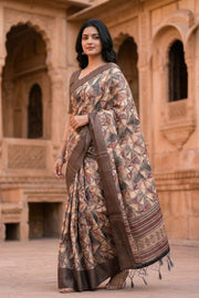 Cream Printed Semi Linen Saree 10077987
