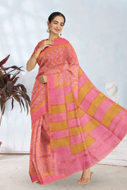 Pink Hand Block Printed Chanderi Saree 10049153