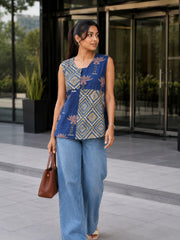 Blue Handblock Printed Women Sleevless Shirt 10077196