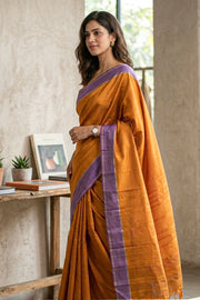 Dark Orange Kanjivaram Vegan Silk Saree with Color Block Design 10075554